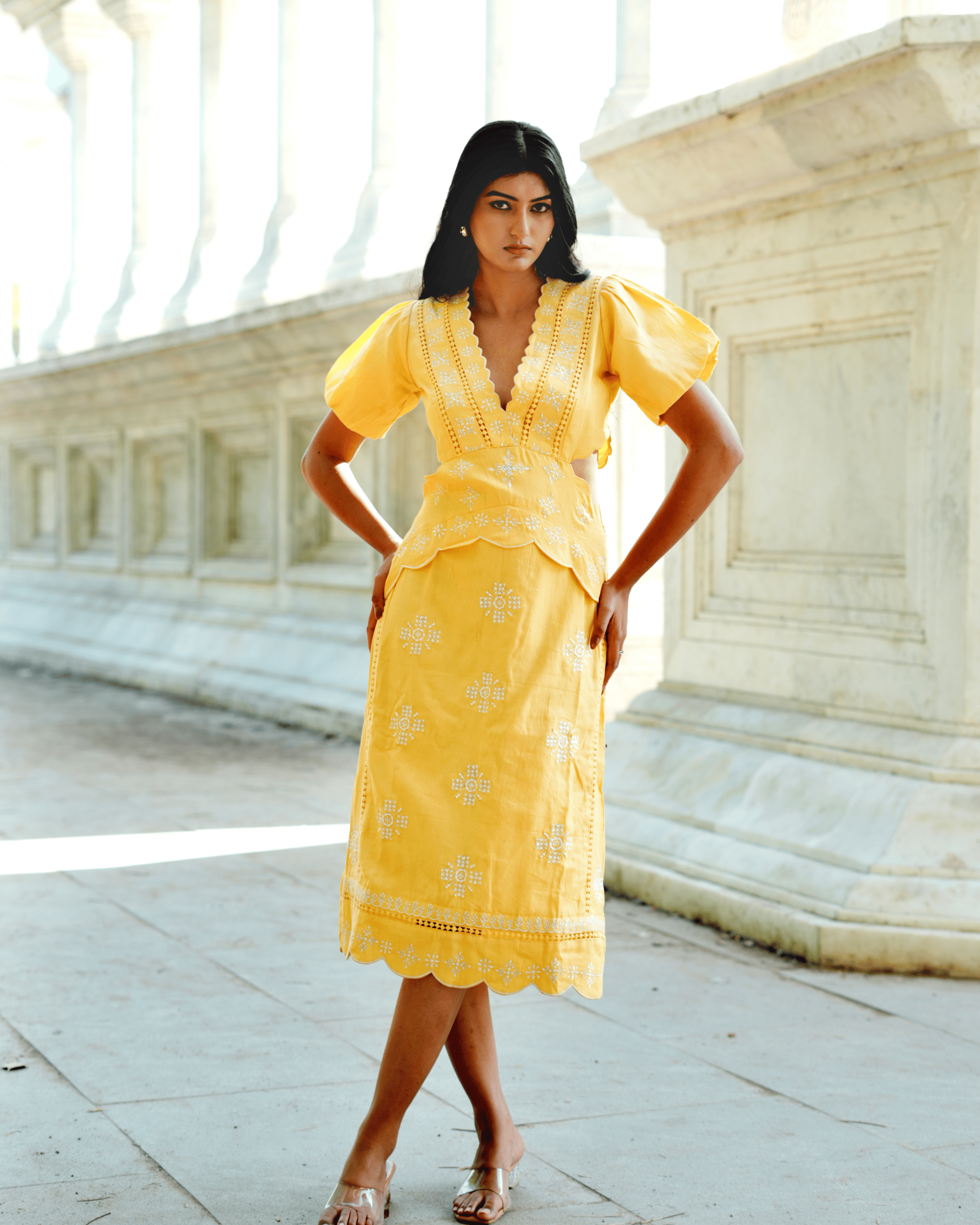 Serovey Cotton Scalloped Embroidered Womens Light Yellow Dress Light Yellow / Cotton / M