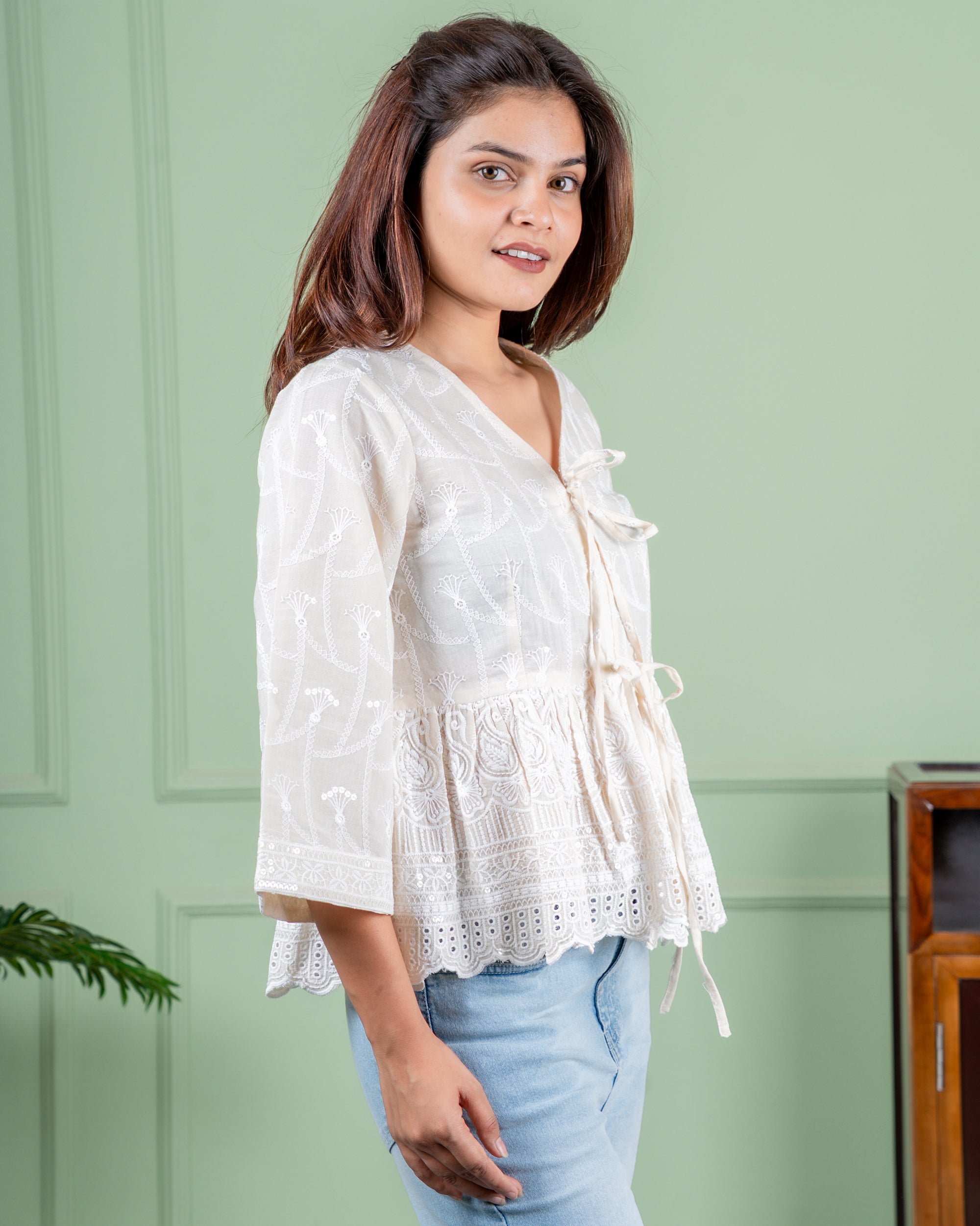 Cotton Embroidered Top with tie ups at front