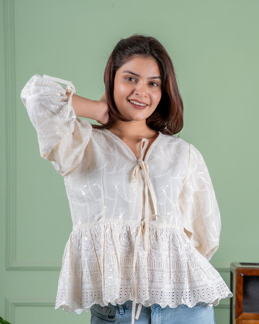 Embroidered cotton top with tie ups at the front