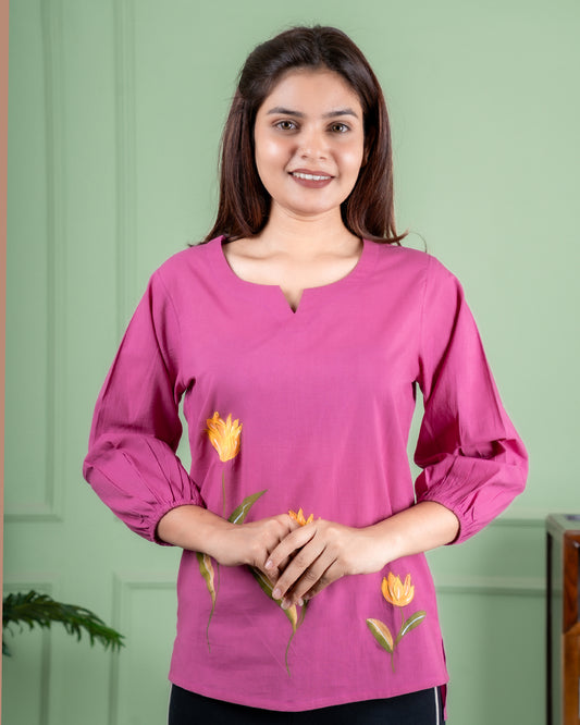 Artisan-made cotton top featuring hand-painted flowers, crafted in Jaipur