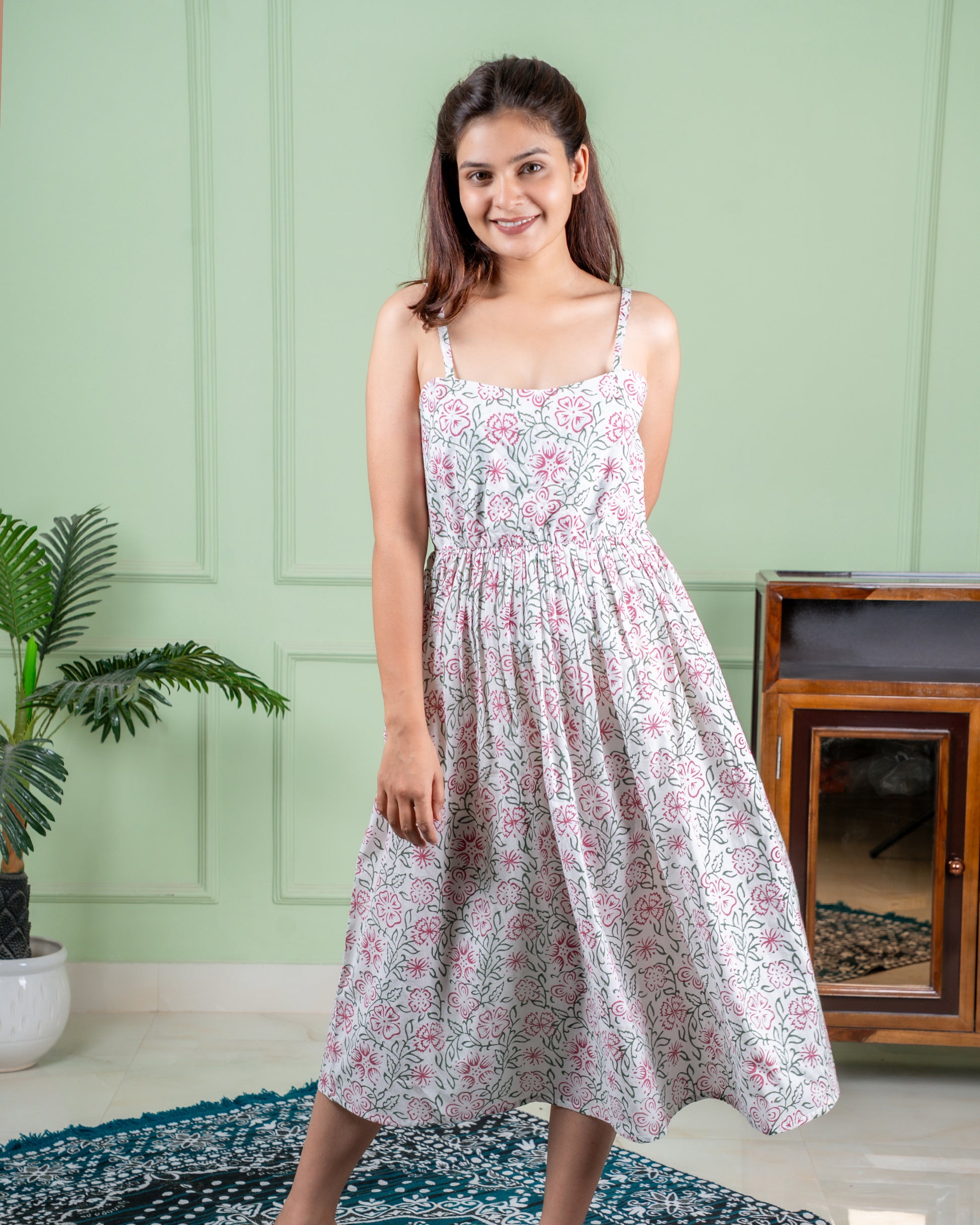 Hand-block printed cotton dress in traditional Jaipur motifs