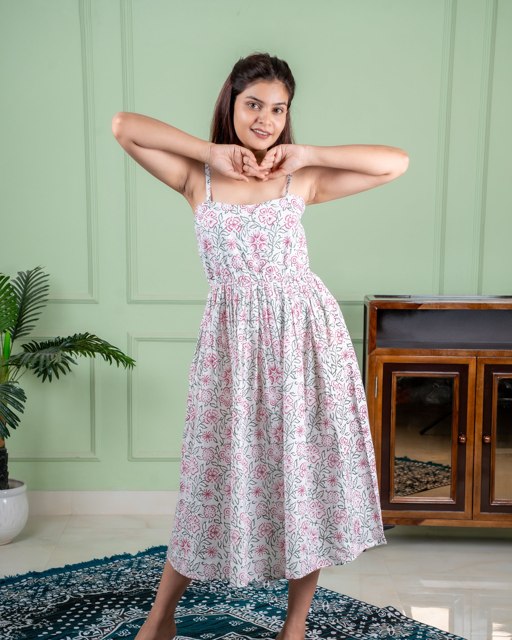 Hand-block printed cotton dress in traditional Jaipur motifs