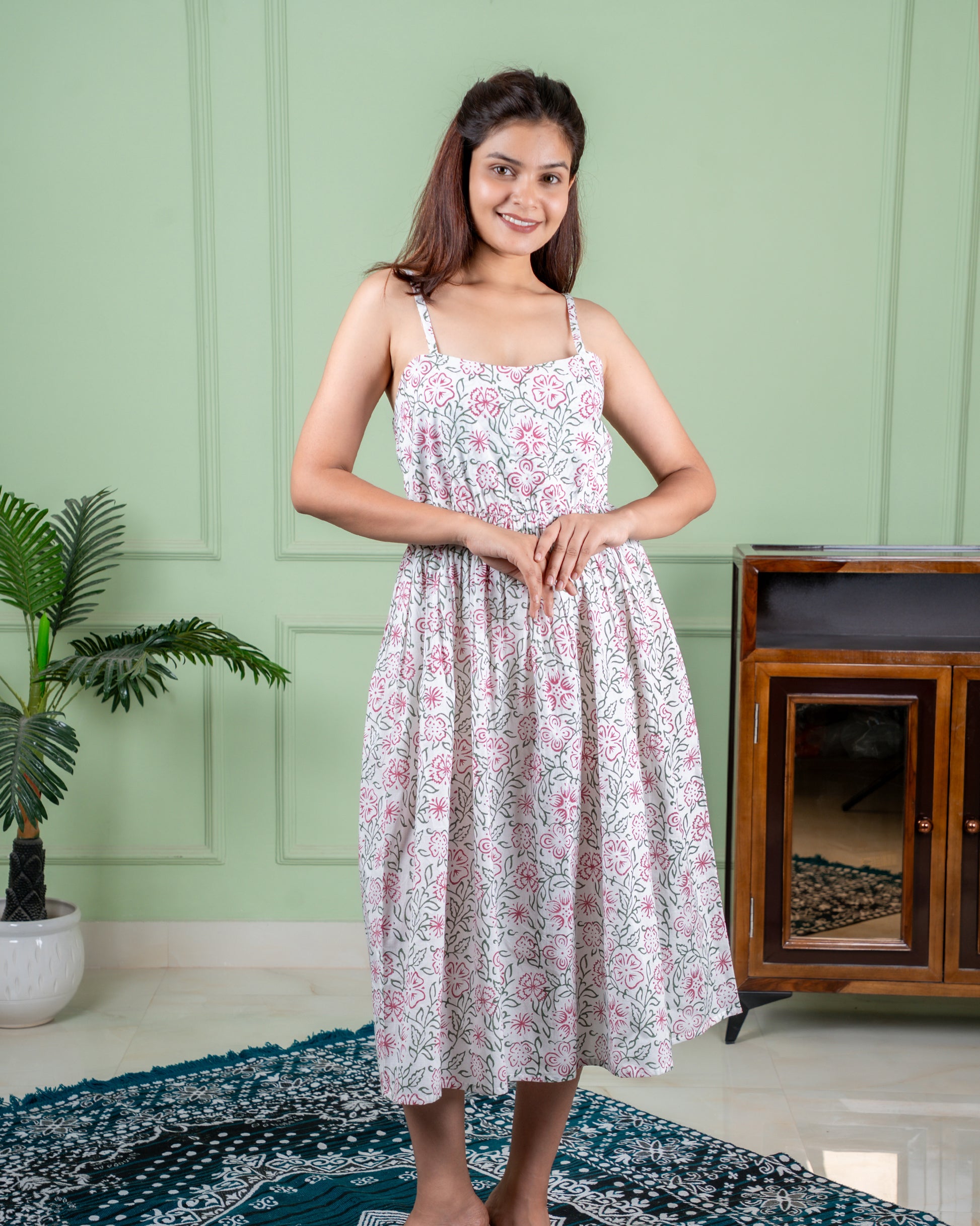 Hand-block printed cotton dress in traditional Jaipur motifs