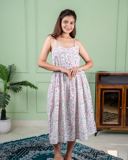 Hand-block printed cotton dress in traditional Jaipur motifs