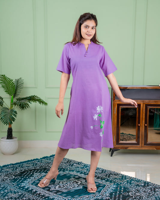 Pure cotton women's dress with handcrafted floral painting on the front