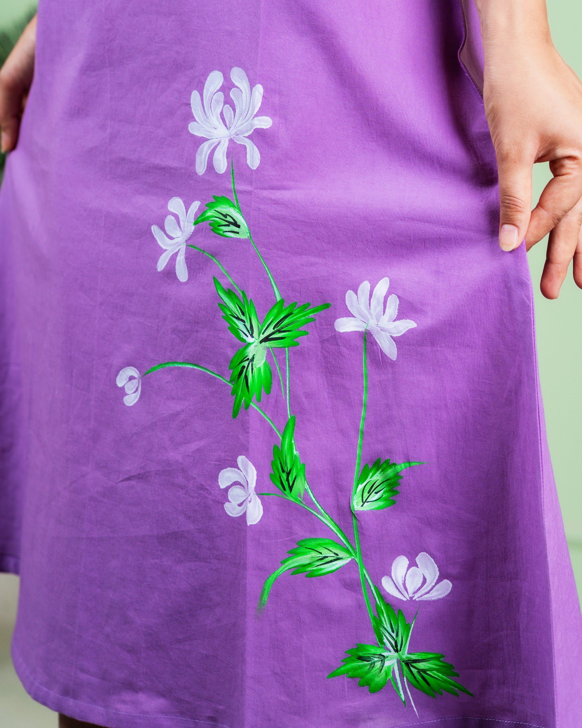 Pure cotton women's dress with handcrafted floral painting on the front