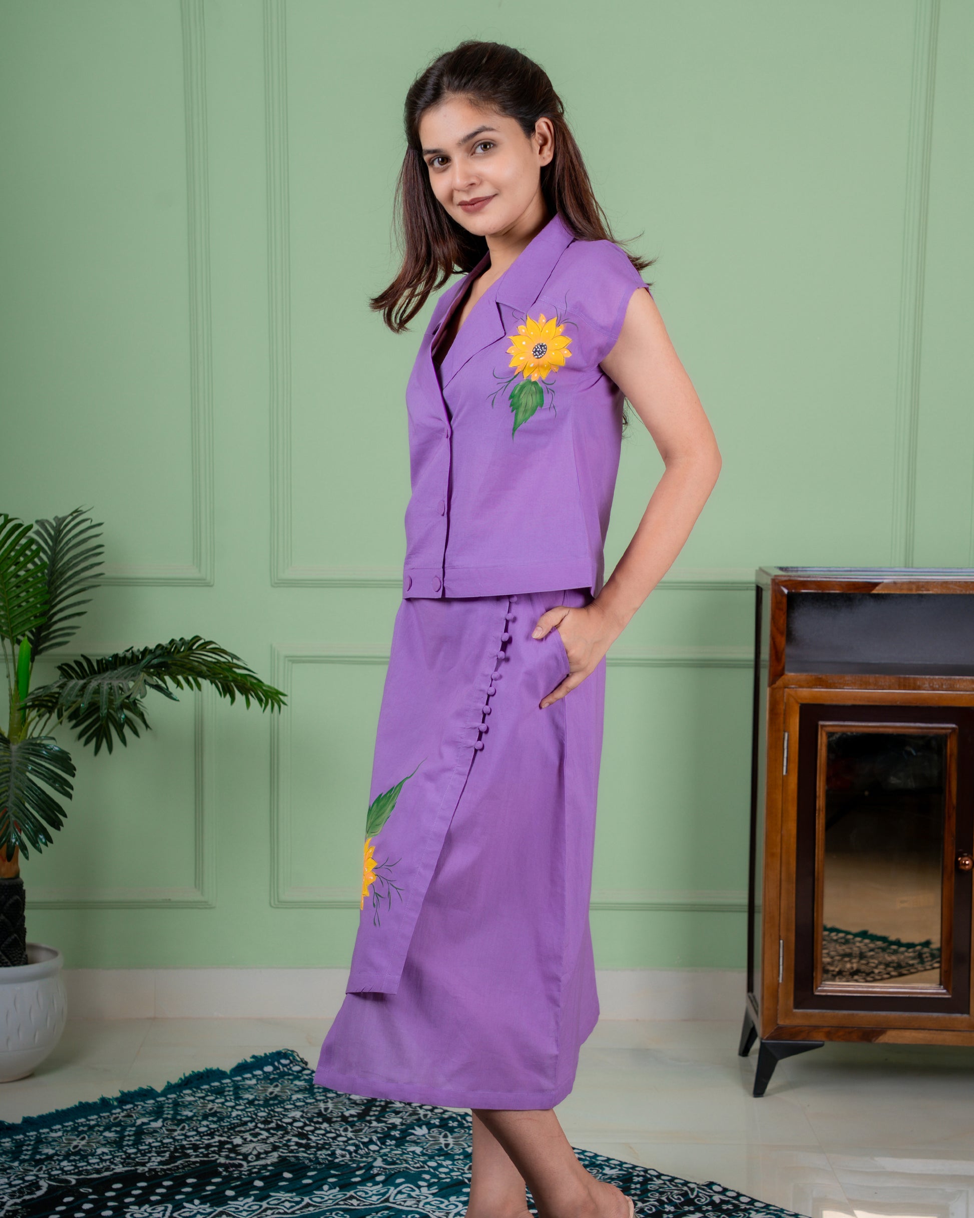 Pure cotton women's skirt top set with handcrafted floral painting on the front