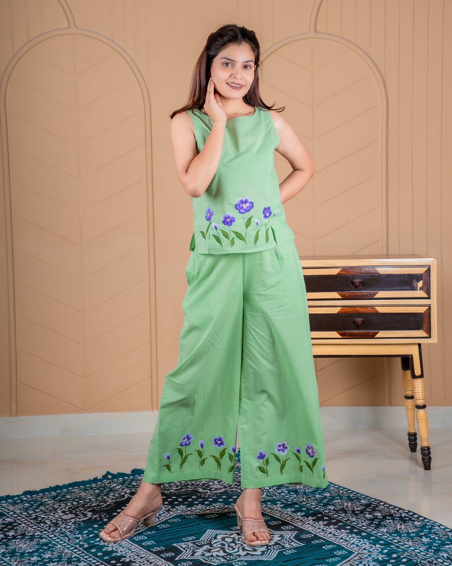 Artisan-made cotton coord set featuring hand-painted flowers, crafted in Jaipur