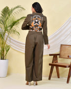 Woman wearing printed Olive green co-ord set