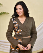 Woman wearing printed Olive green co-ord set