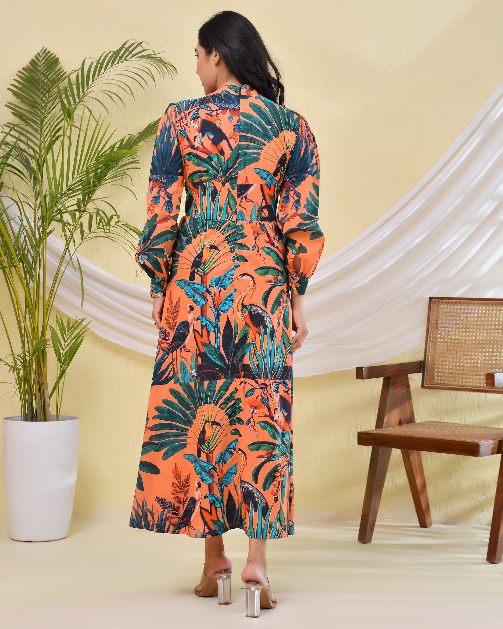 Printed long Dress with V neck and full sleeves
