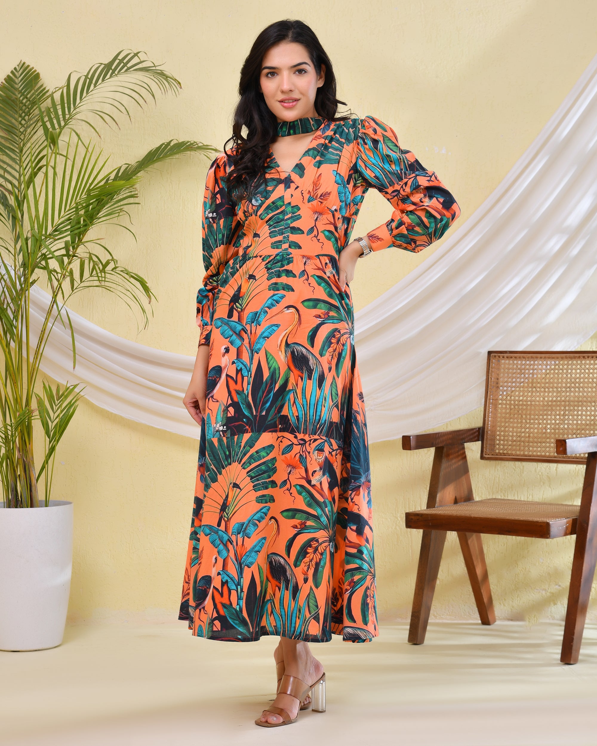 Printed long Dress with V neck and full sleeves