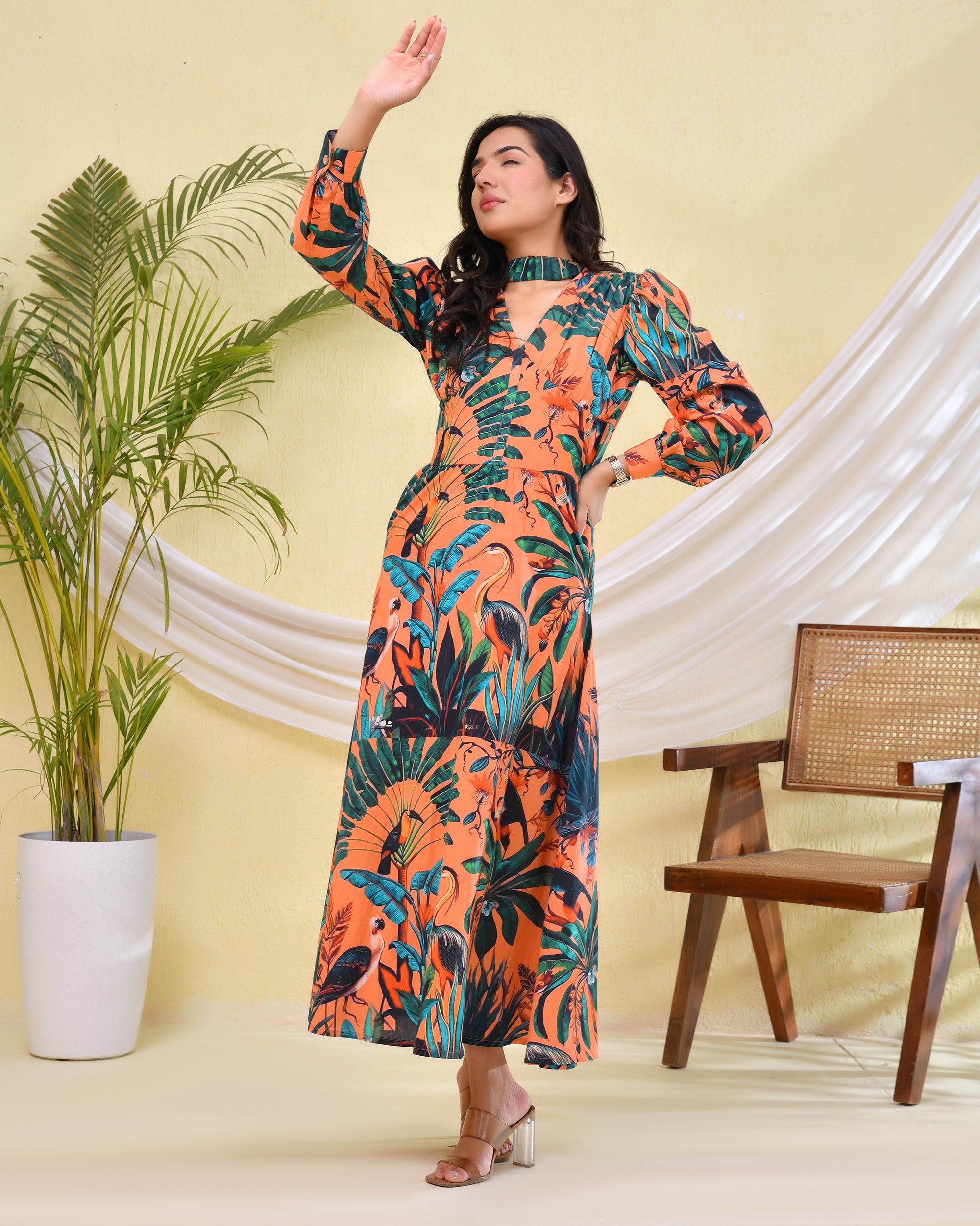 Printed long Dress with V neck and full sleeves