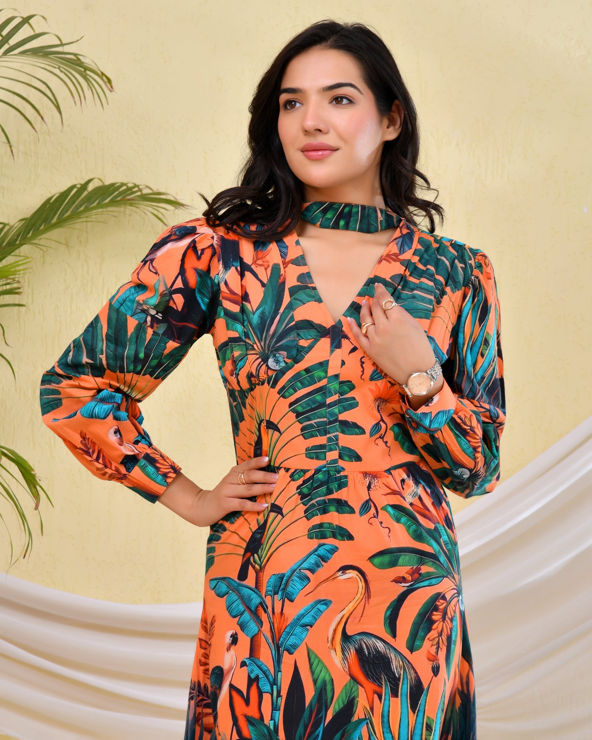 Printed long Dress with V neck and full sleeves