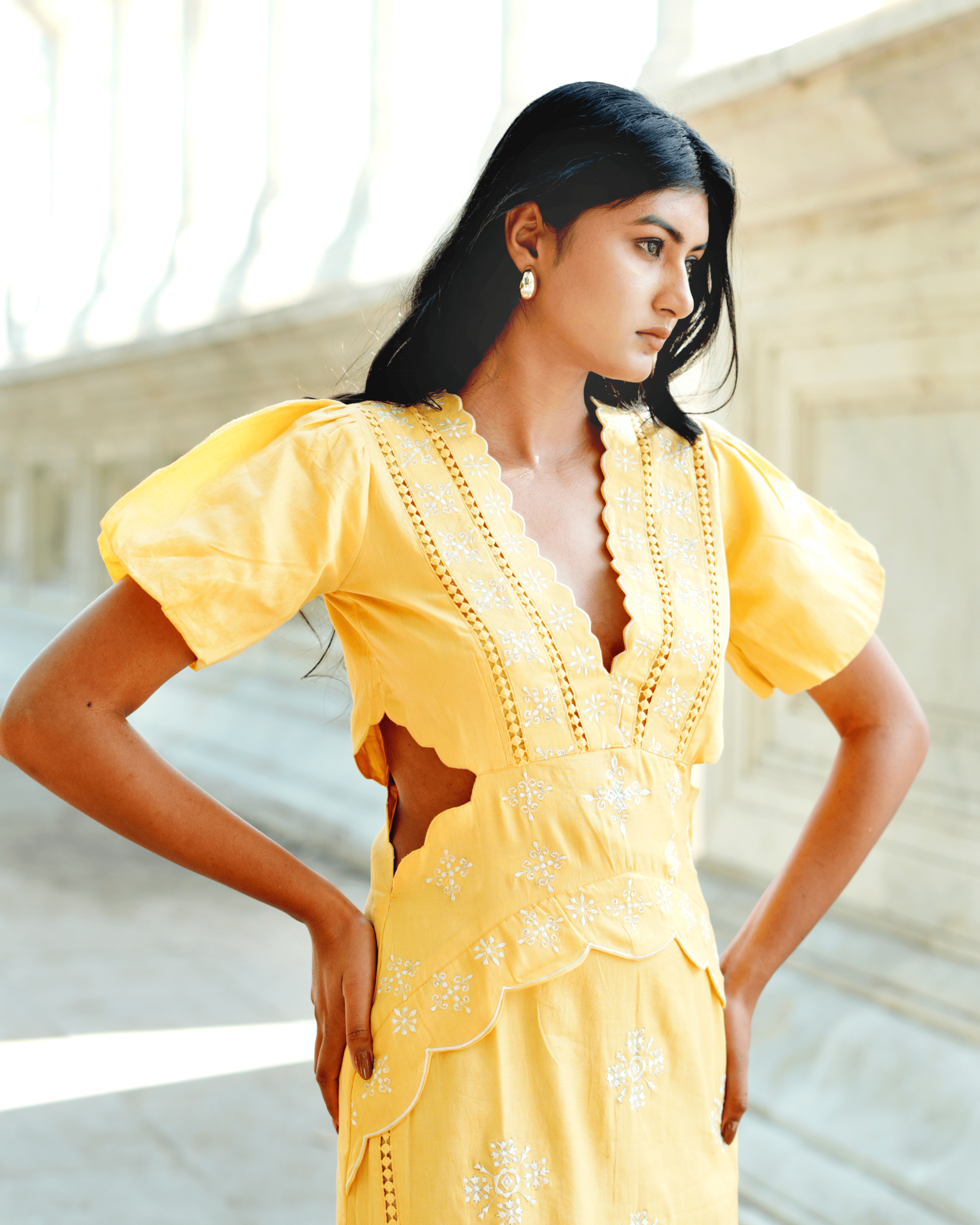 Riva- Embroidered cut-out midi scalloped cotton dress S / Light orange Riva- Embroidered cut-out midi scalloped cotton dress S / Light orange