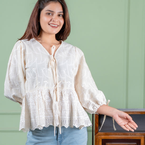 Embroidered cotton top with tie ups at the front