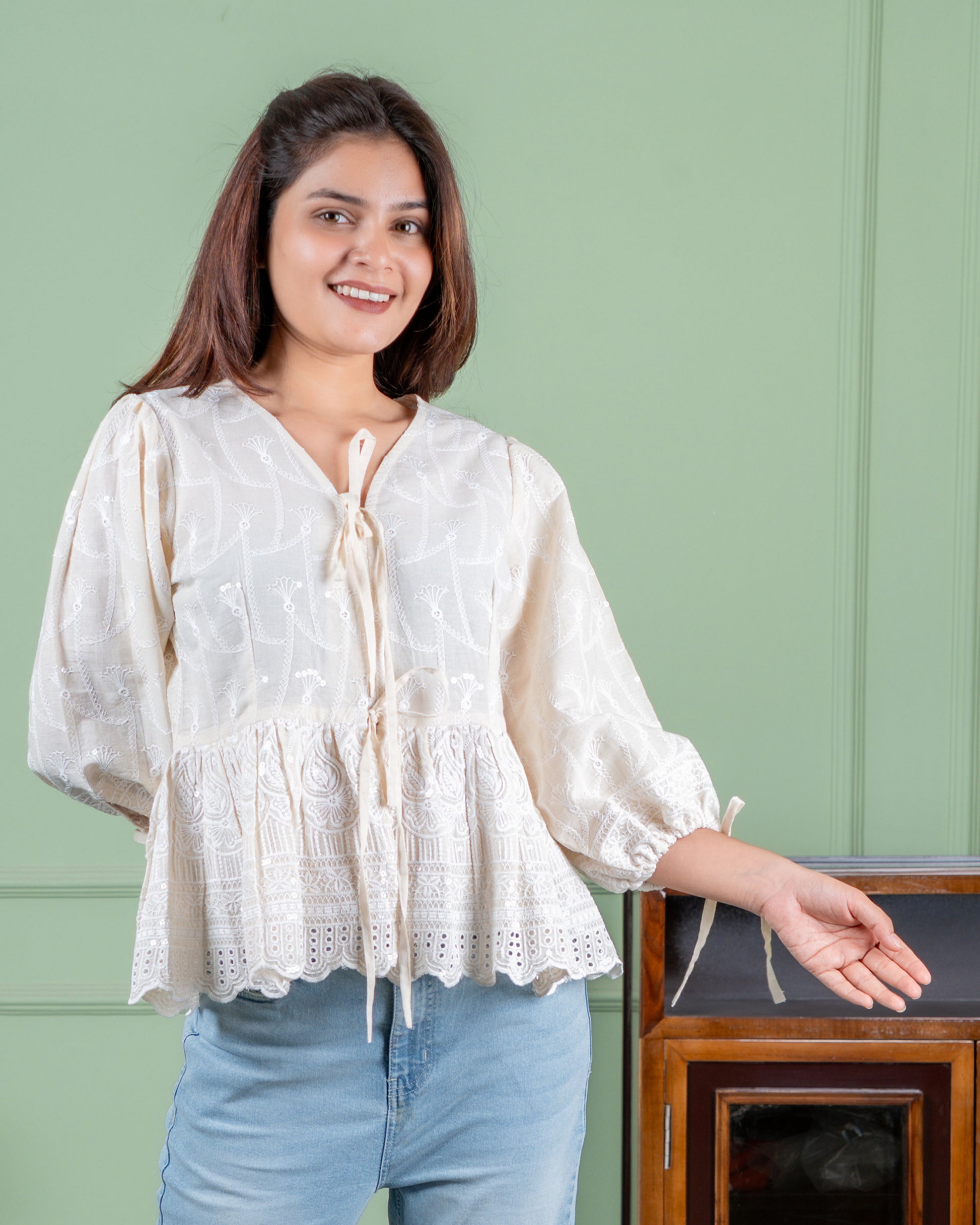 Embroidered cotton top with tie ups at the front