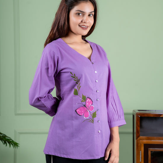 Breathable cotton top with hand-painted floral details, eco-friendly and unique