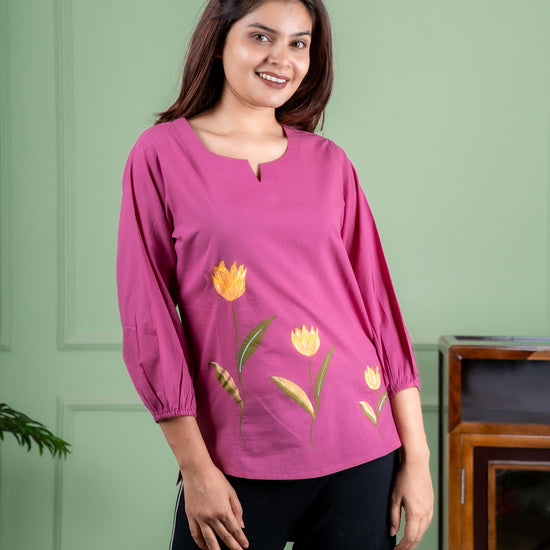 Artisan-made cotton top featuring hand-painted flowers, crafted in Jaipur
