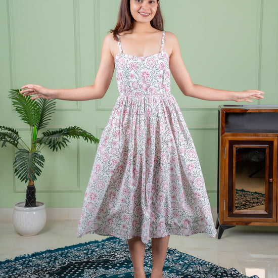 Hand-block printed cotton dress in traditional Jaipur motifs