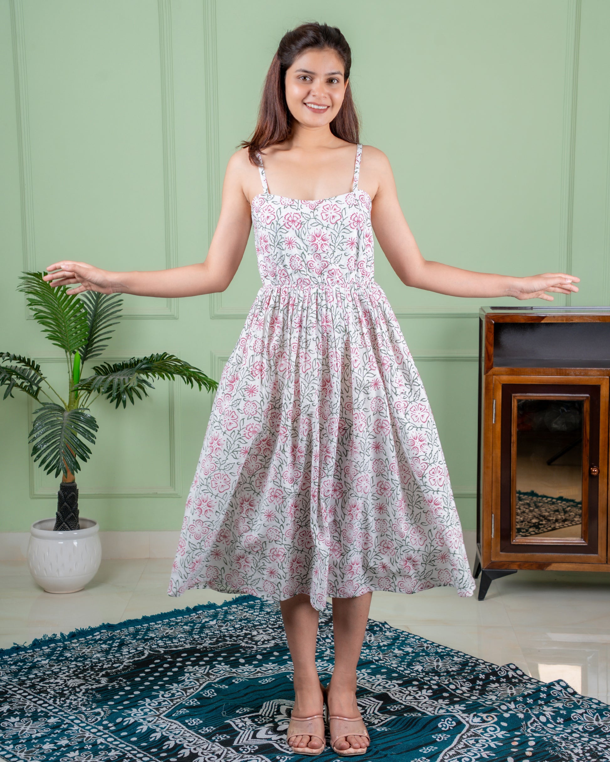Hand-block printed cotton dress in traditional Jaipur motifs