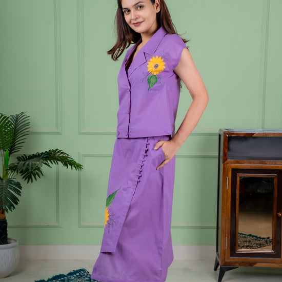 Pure cotton women's skirt top set with handcrafted floral painting on the front