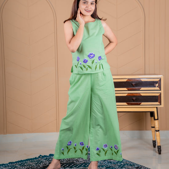Artisan-made cotton coord set featuring hand-painted flowers, crafted in Jaipur
