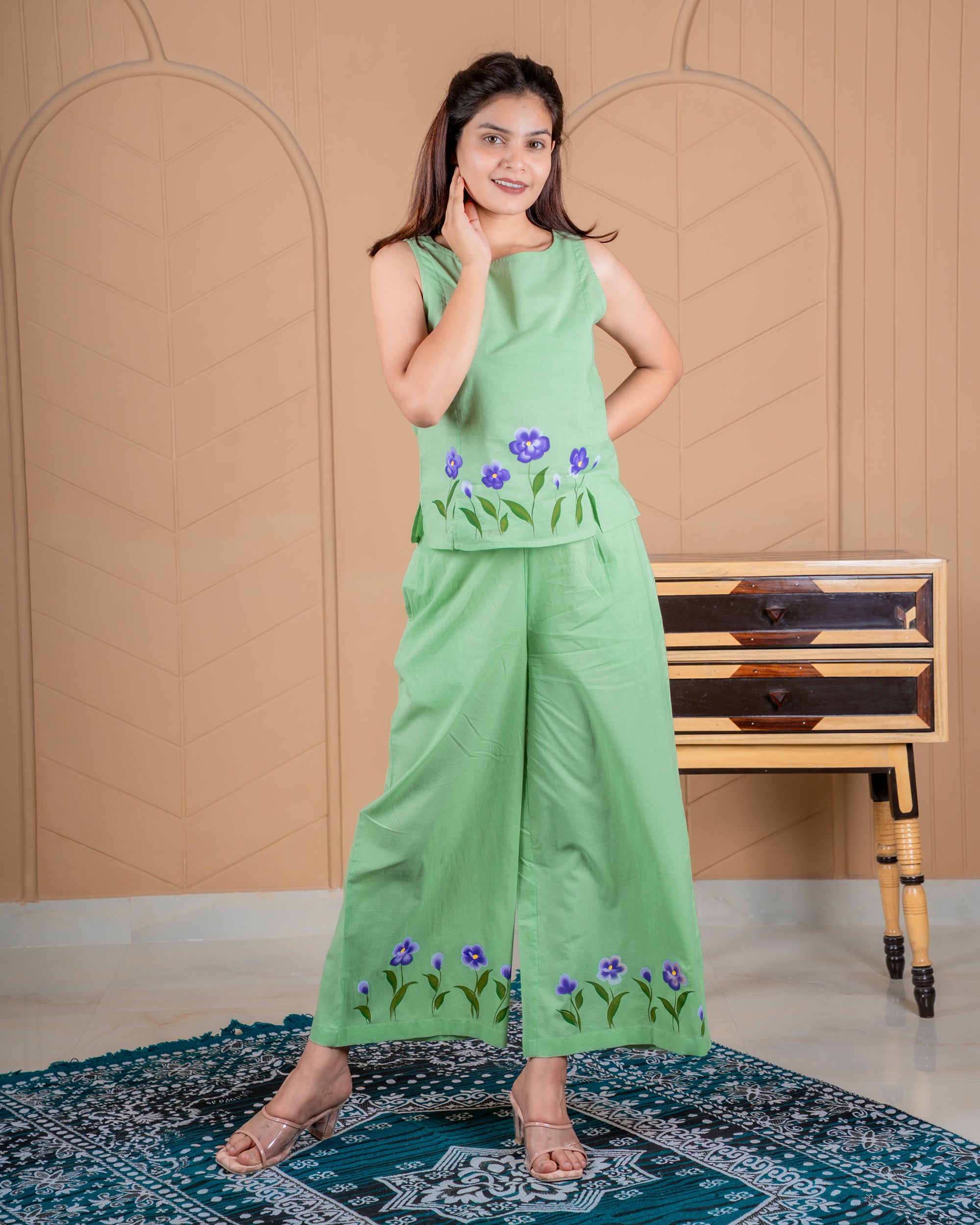 Artisan-made cotton coord set featuring hand-painted flowers, crafted in Jaipur