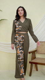 Woman wearing printed Olive green co-ord set